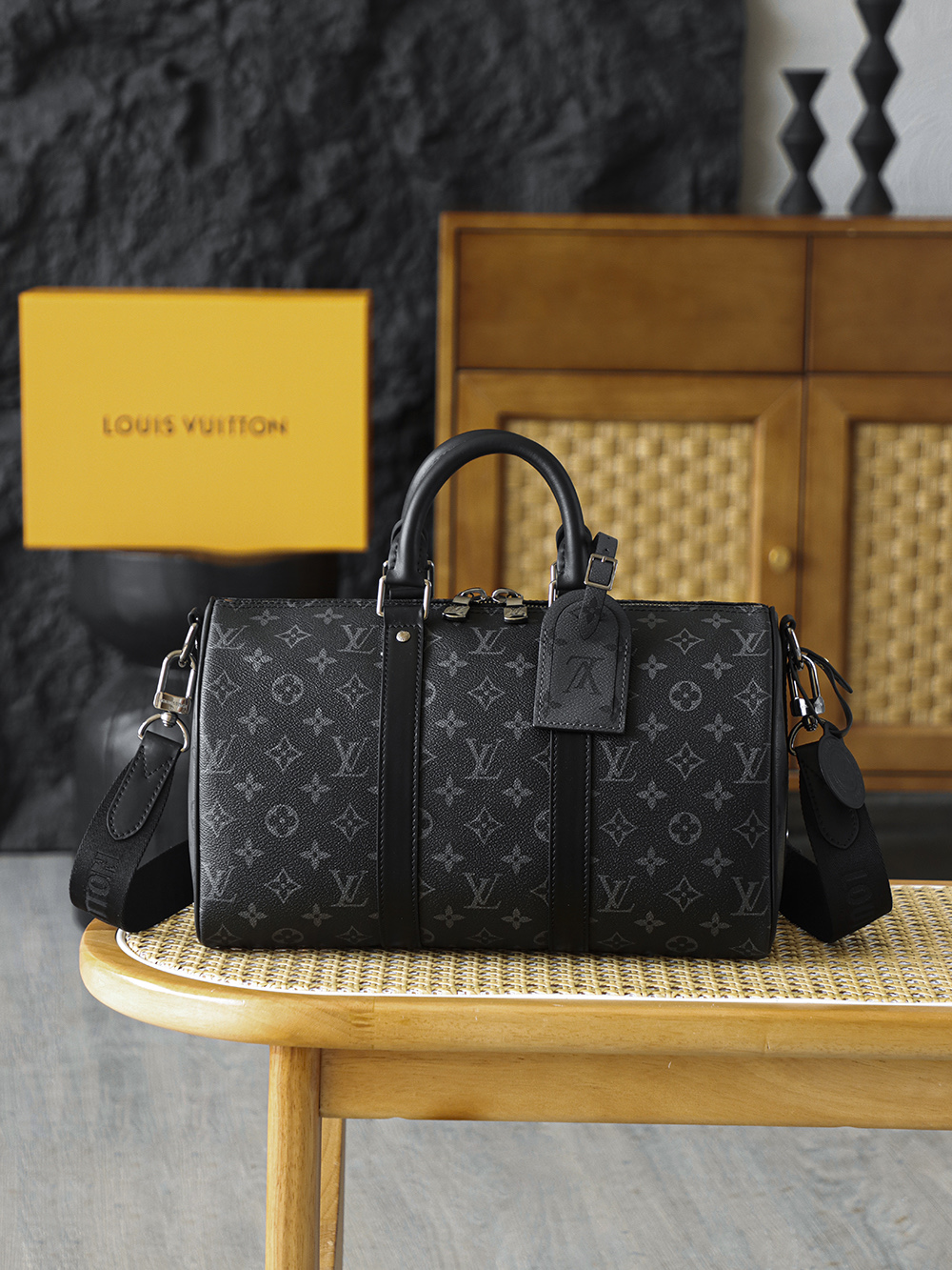 35CM AS LOUIS VUITTON KEEPALL 全钢五金 经典老花 印花 锁扣 涂层帆布  旅行包 黑色A2 M46655