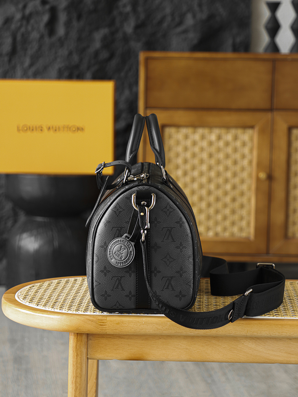 35CM AS LOUIS VUITTON KEEPALL 全钢五金 经典老花 印花 锁扣 涂层帆布  旅行包 黑色A2 M46655