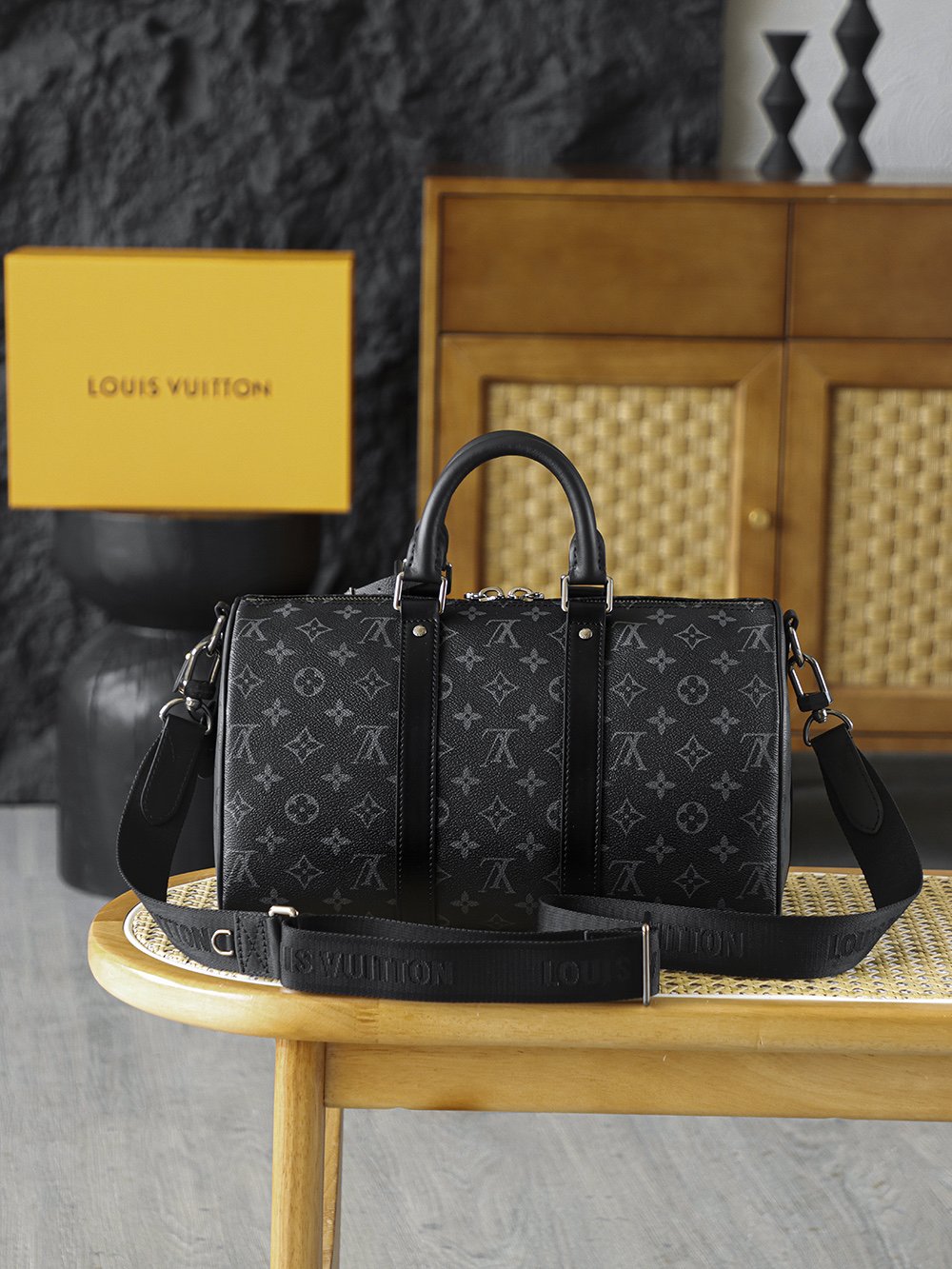 35CM AS LOUIS VUITTON KEEPALL 全钢五金 经典老花 印花 锁扣 涂层帆布  旅行包 黑色A2 M46655