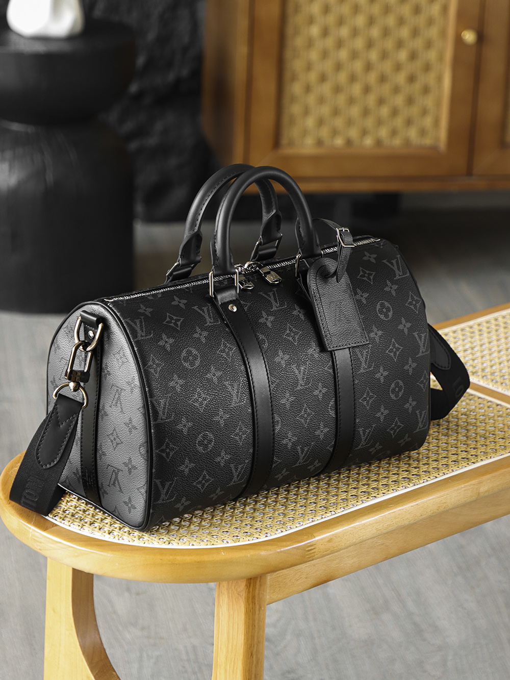 35CM AS LOUIS VUITTON KEEPALL 全钢五金 经典老花 印花 锁扣 涂层帆布  旅行包 黑色A2 M46655