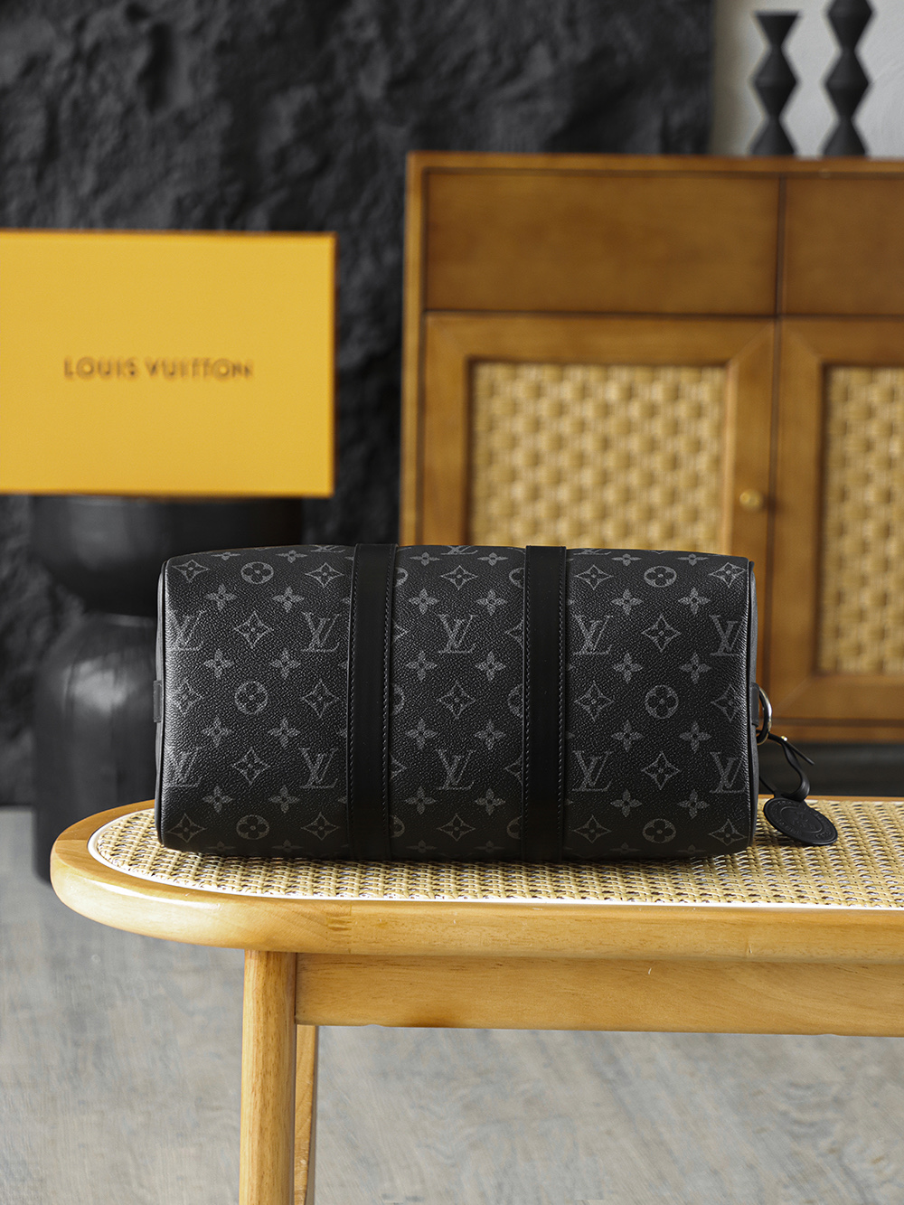 35CM AS LOUIS VUITTON KEEPALL 全钢五金 经典老花 印花 锁扣 涂层帆布  旅行包 黑色A2 M46655