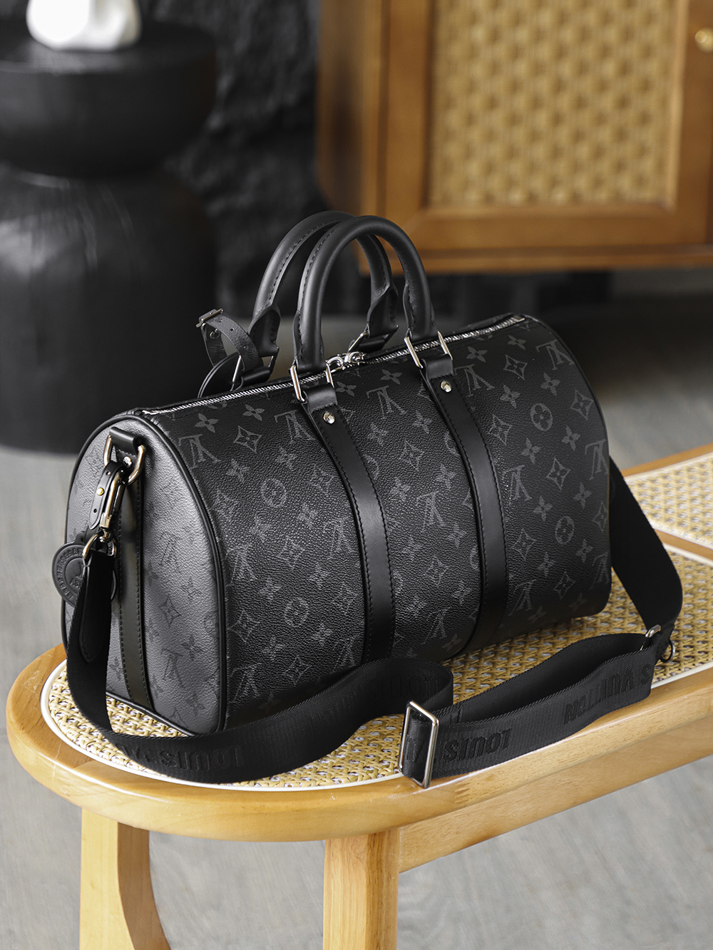 35CM AS LOUIS VUITTON KEEPALL 全钢五金 经典老花 印花 锁扣 涂层帆布  旅行包 黑色A2 M46655