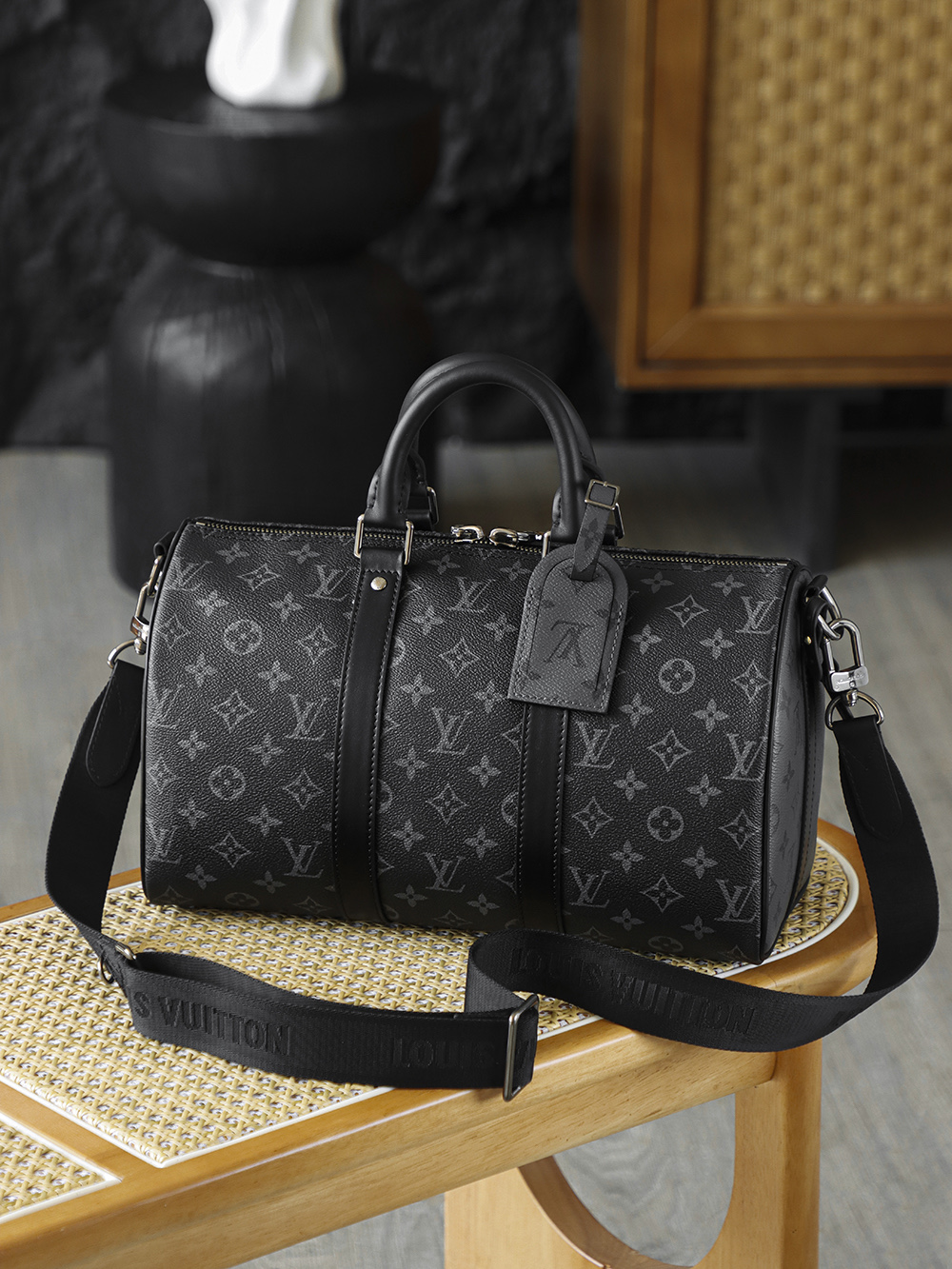 35CM AS LOUIS VUITTON KEEPALL 全钢五金 经典老花 印花 锁扣 涂层帆布  旅行包 黑色A2 M46655