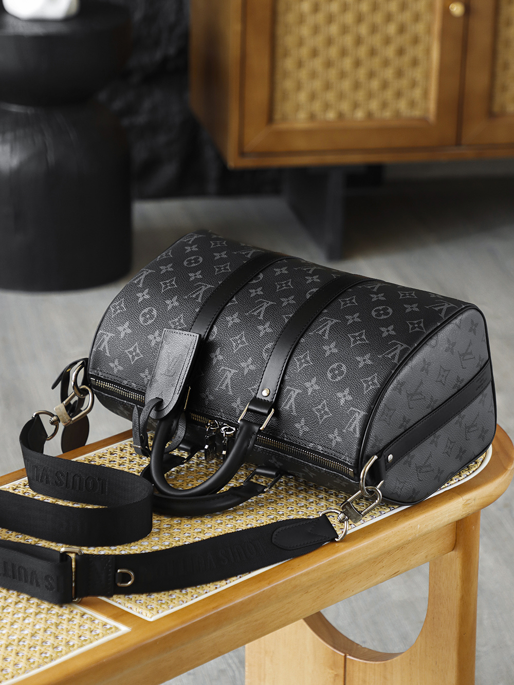 35CM AS LOUIS VUITTON KEEPALL 全钢五金 经典老花 印花 锁扣 涂层帆布  旅行包 黑色A2 M46655