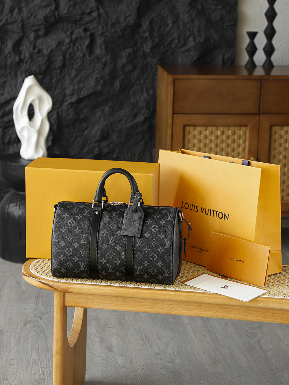 35CM AS LOUIS VUITTON KEEPALL 全钢五金 经典老花 印花 锁扣 涂层帆布  旅行包 黑色A2 M46655