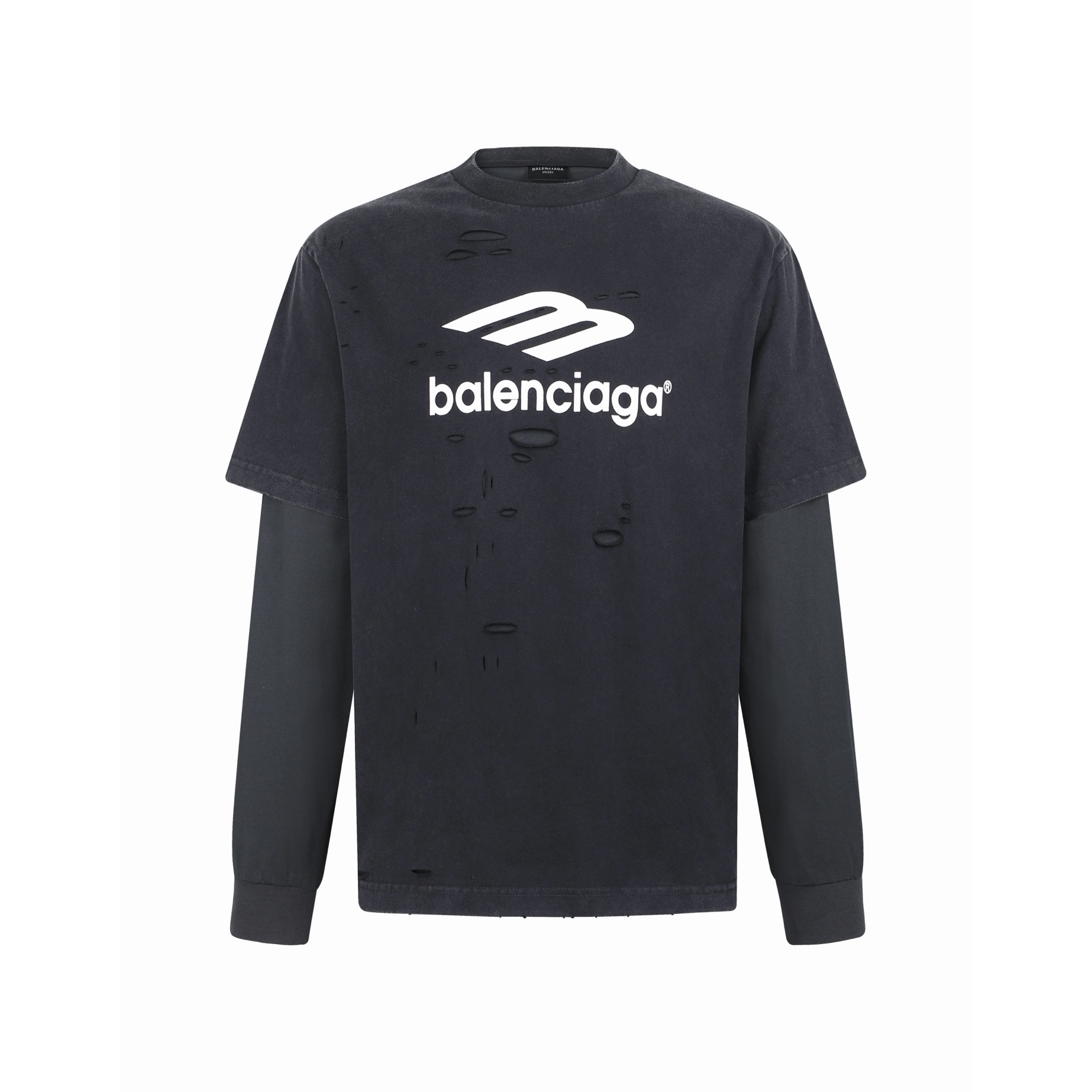 Balenciaga 巴黎世家 假两件磨破印花logo圆领T恤 卫衣 长袖 黑色 B0 