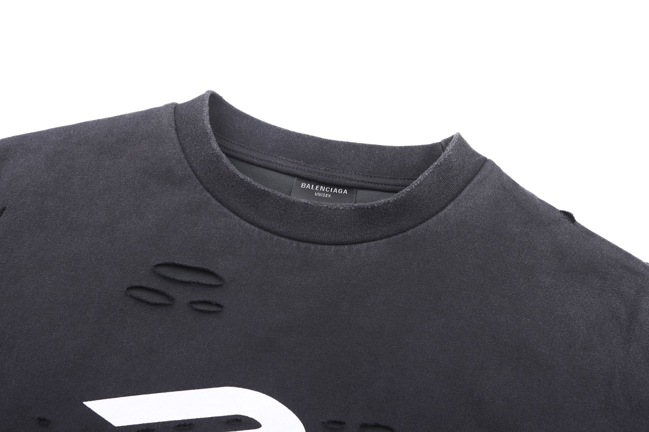 Balenciaga 巴黎世家 假两件磨破印花logo圆领T恤 卫衣 长袖 黑色 B0 