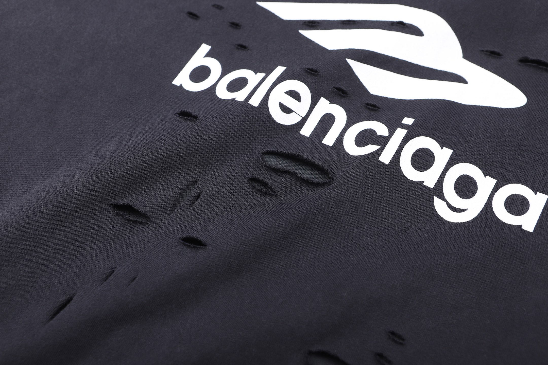 Balenciaga 巴黎世家 假两件磨破印花logo圆领T恤 卫衣 长袖 黑色 B0 