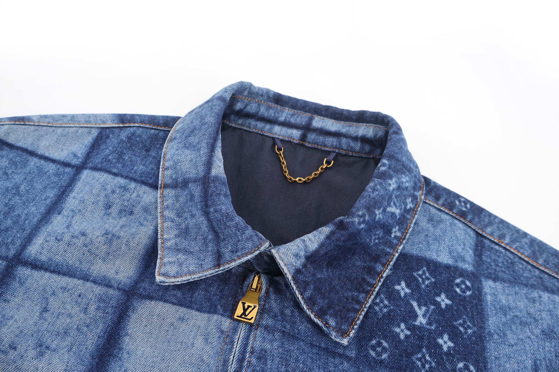 LOUIS VUITTON 路易威登 烧花字母棋盘格牛仔夹克 外套 牛仔衣 长袖 蓝色 C0