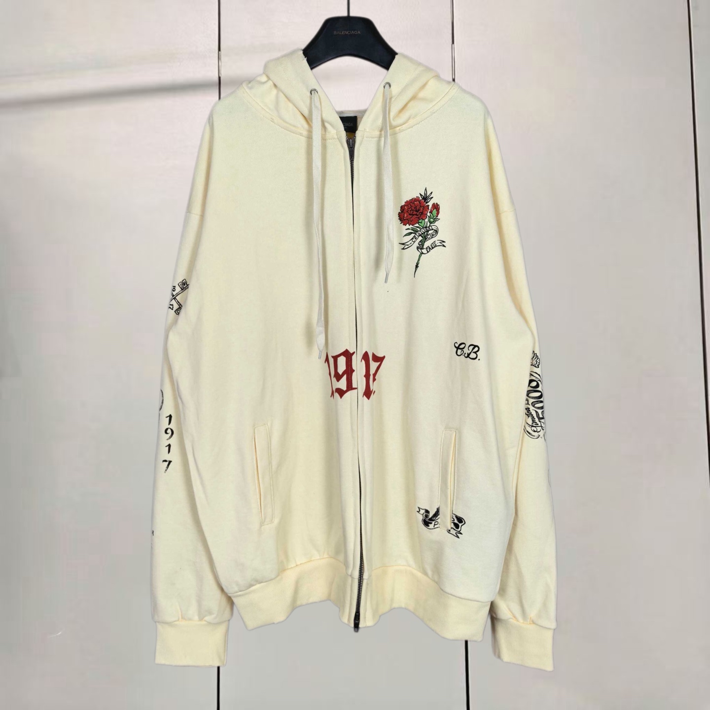 Balenciaga 巴黎世家 徽标logo 1917直喷印花拉链连帽卫衣 连帽衫 外套 长袖 米杏色 B0 