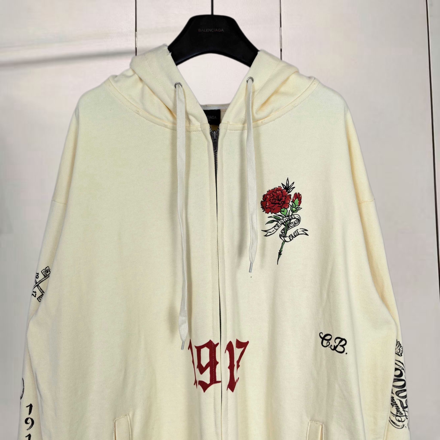 Balenciaga 巴黎世家 徽标logo 1917直喷印花拉链连帽卫衣 连帽衫 外套 长袖 米杏色 B0 