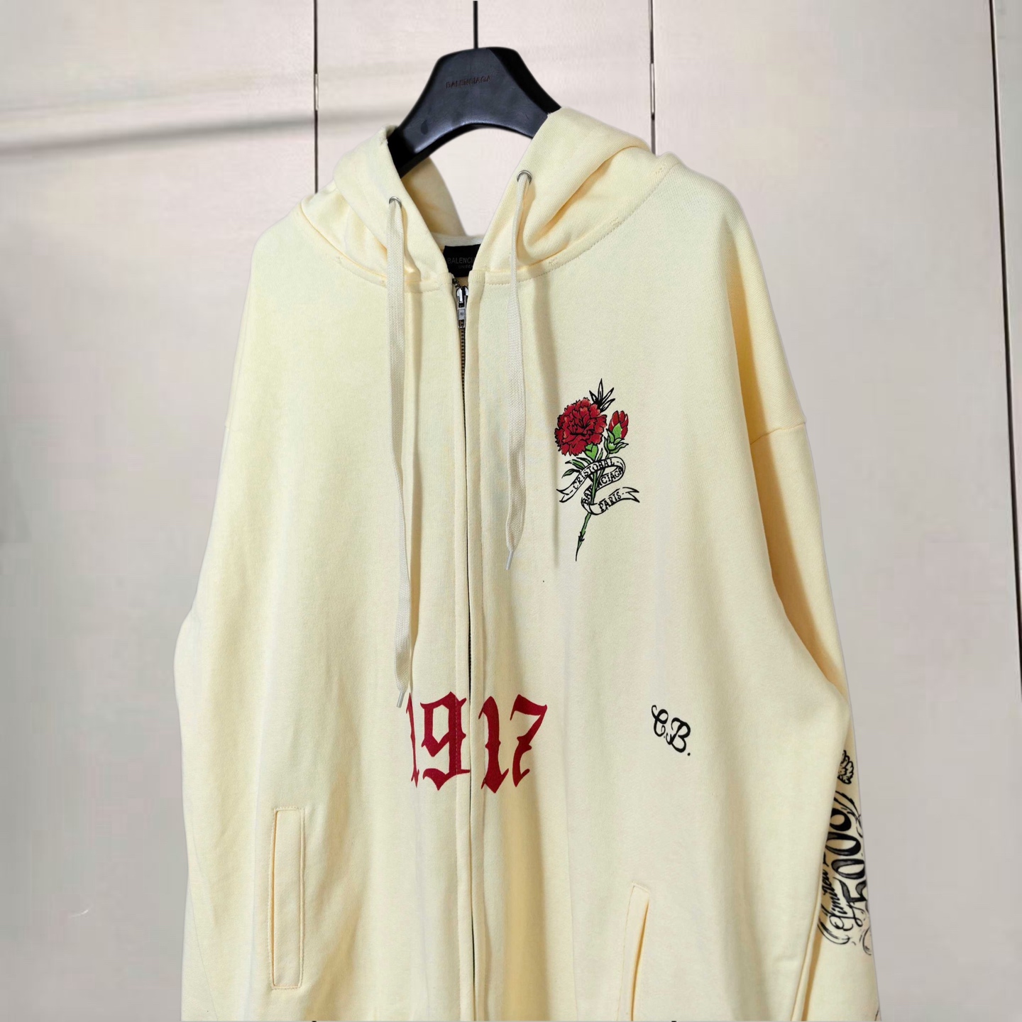 Balenciaga 巴黎世家 徽标logo 1917直喷印花拉链连帽卫衣 连帽衫 外套 长袖 米杏色 B0 