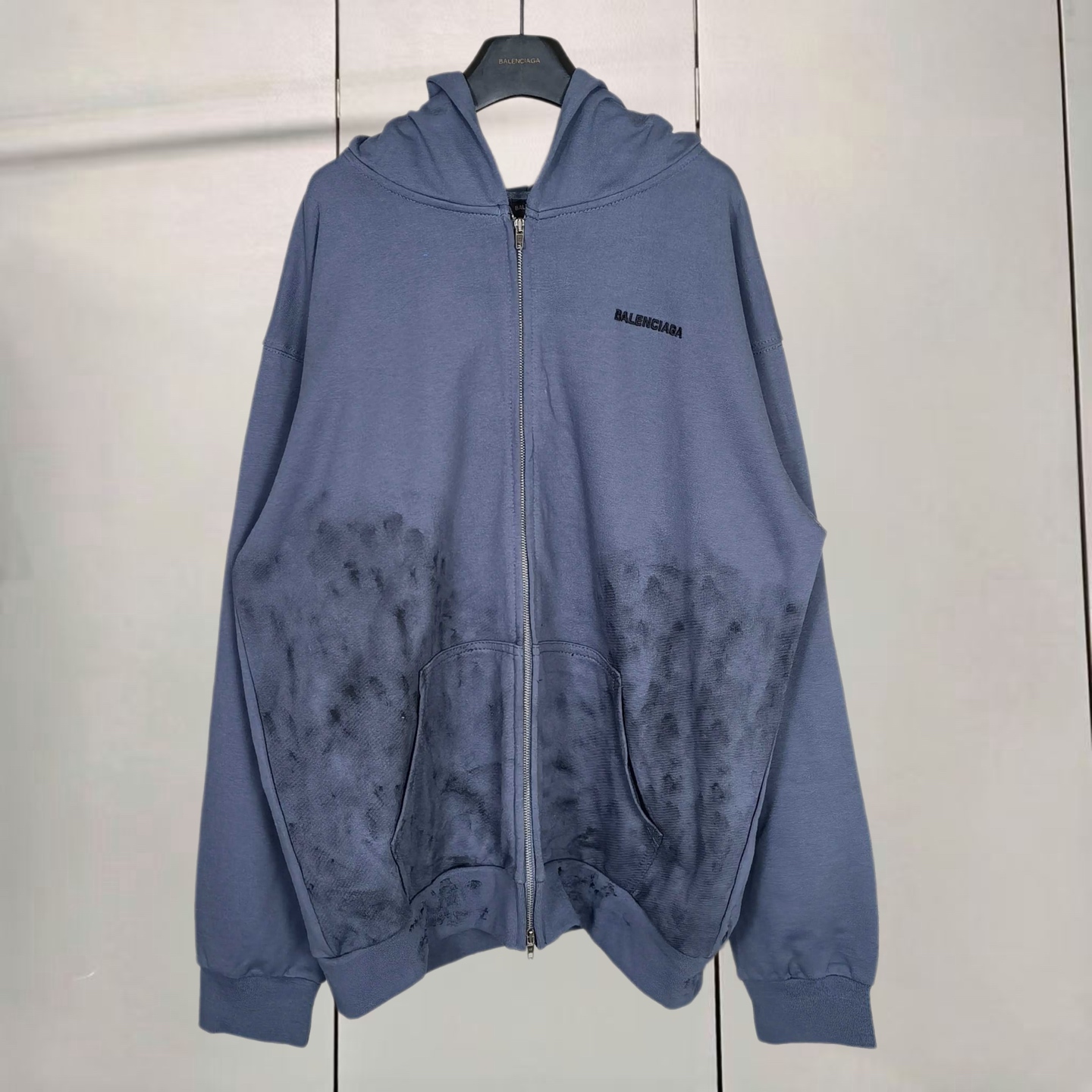 Balenciaga 巴黎世家 水洗做旧油漆泼墨涂鸦手绘拉链连帽卫衣 连帽衫 外套 长袖 灰色 藏青色 B0 