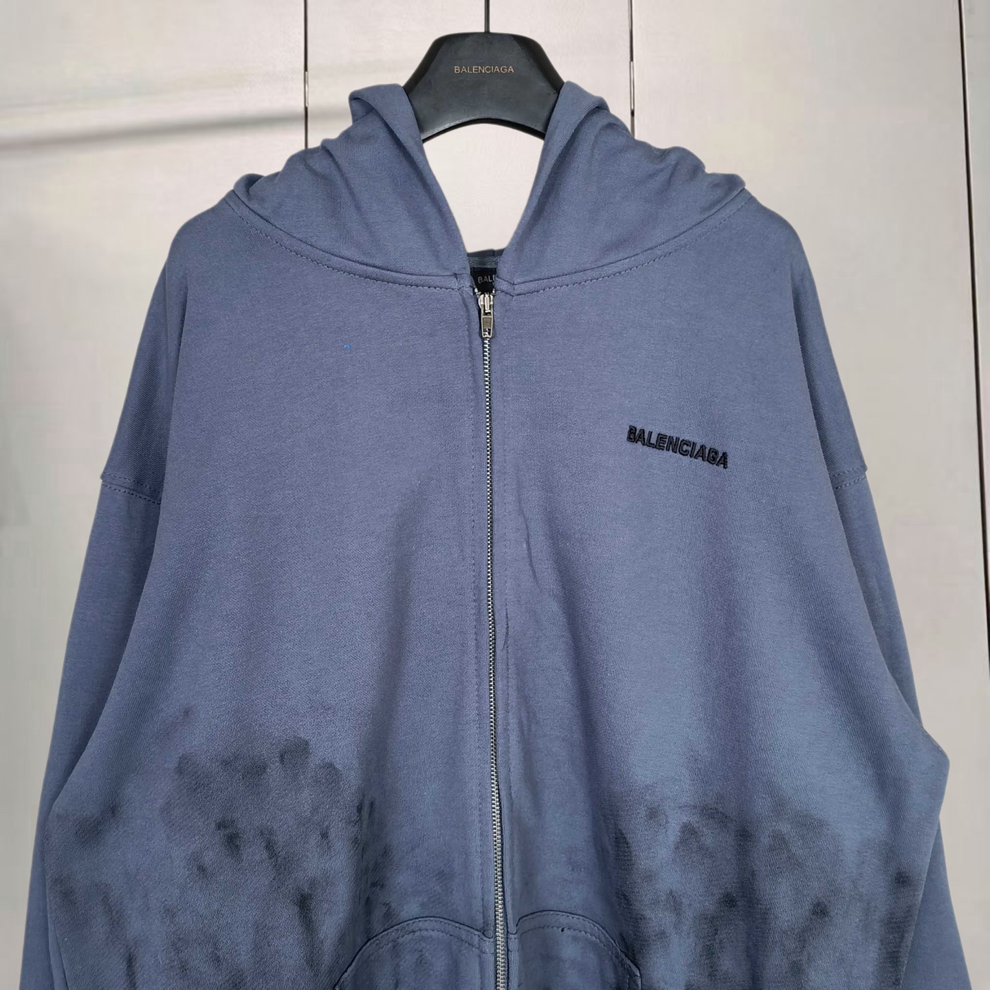 Balenciaga 巴黎世家 水洗做旧油漆泼墨涂鸦手绘拉链连帽卫衣 连帽衫 外套 长袖 灰色 藏青色 B0 