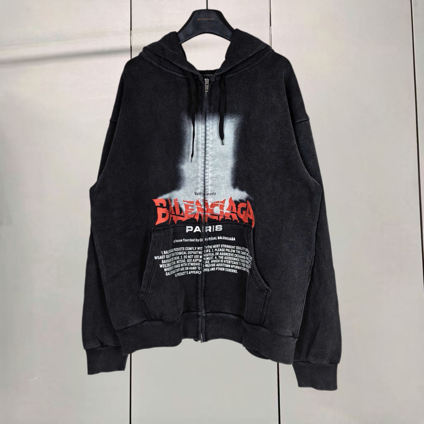 Balenciaga 巴黎世家 破损logo字母直喷印花洗水做旧拉链连帽卫衣 连帽衫 外套 长袖 黑色 B0 