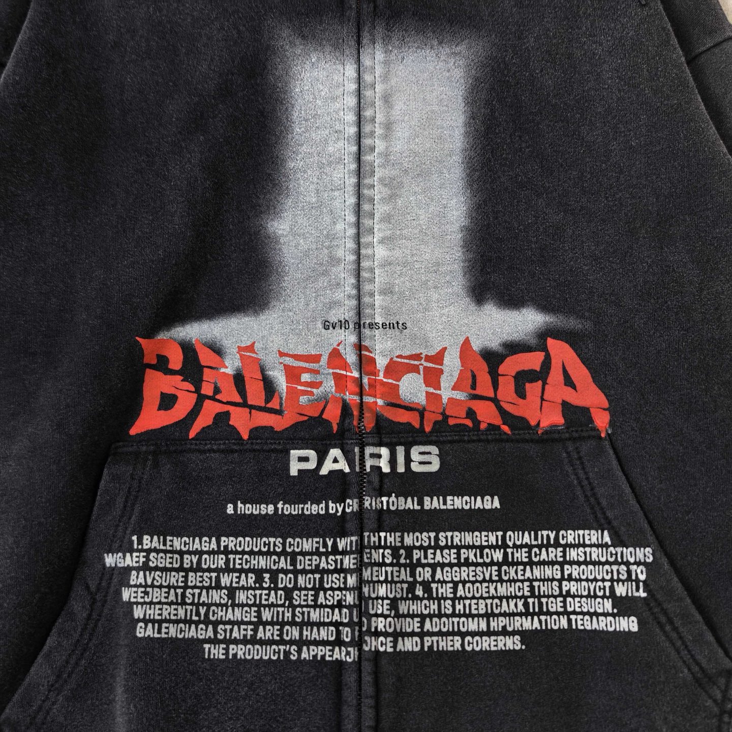 Balenciaga 巴黎世家 破损logo字母直喷印花洗水做旧拉链连帽卫衣 连帽衫 外套 长袖 黑色 B0 