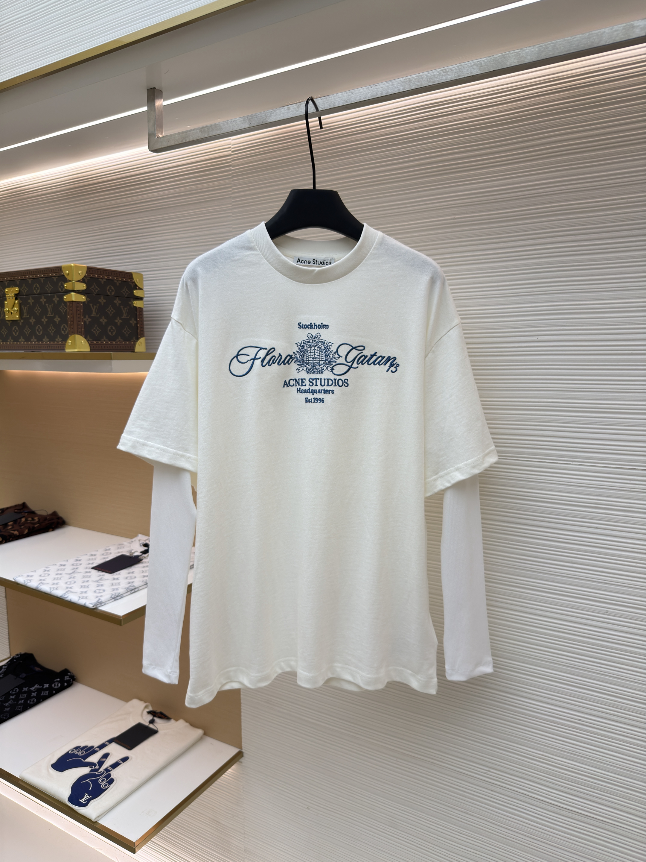 Acne Studios 花体刺绣假两件圆领T恤 打底衫 长袖 白色 A5