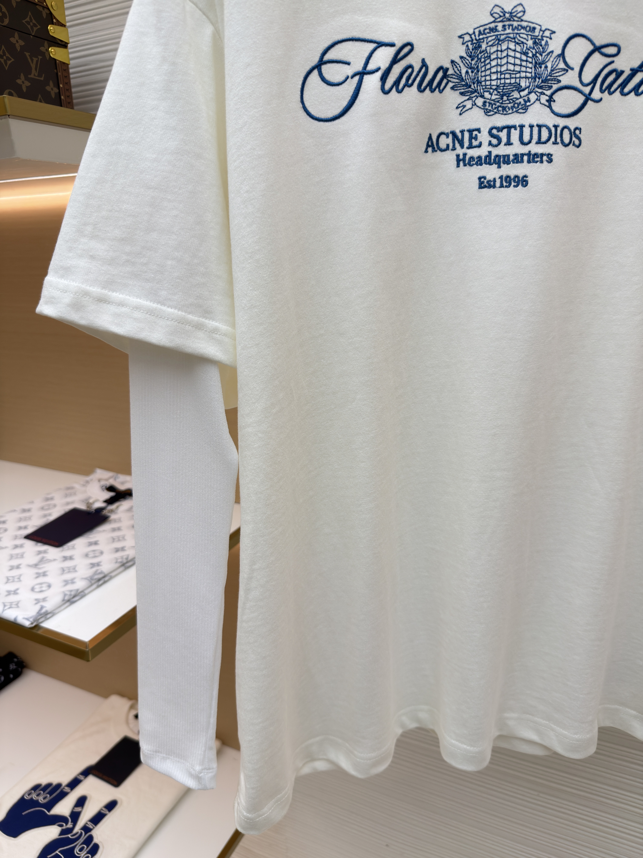 Acne Studios 花体刺绣假两件圆领T恤 打底衫 长袖 白色 A5