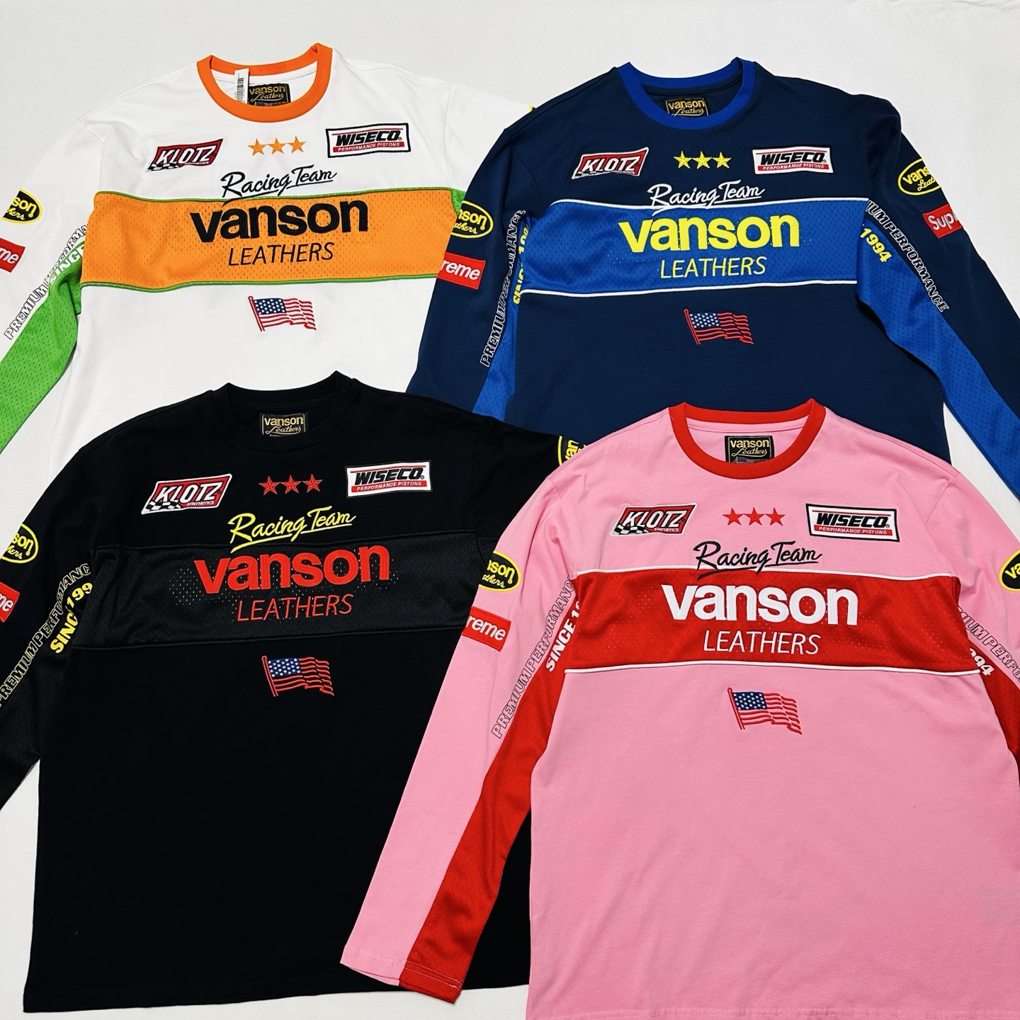 Supreme VANSON 联名款 拼接刺绣logo赛车T恤 秋冬 长袖 粉色 蓝色 白色 黑色 