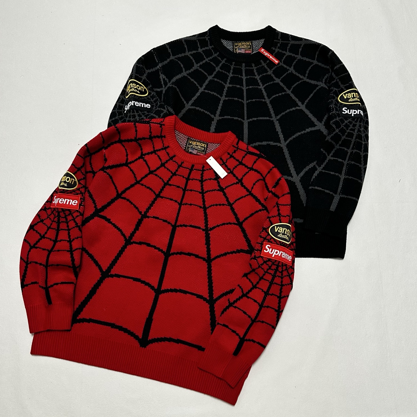 Supreme VANSON SPIDER MAN SWEATER 联名款 蜘蛛满印图案刺绣圆领毛衣 针织衫 外套 秋冬 长袖 红色 黑色 
