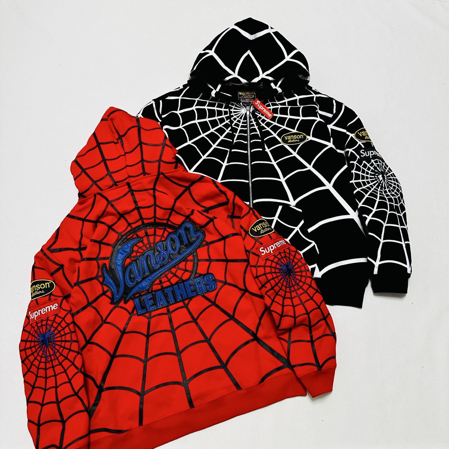 Supreme VANSON SPIDER MAN 联名款 薄绒蜘蛛侠网图案拉链连帽卫衣 连帽衫 外套 夹克 秋冬 长袖 黑色 红色