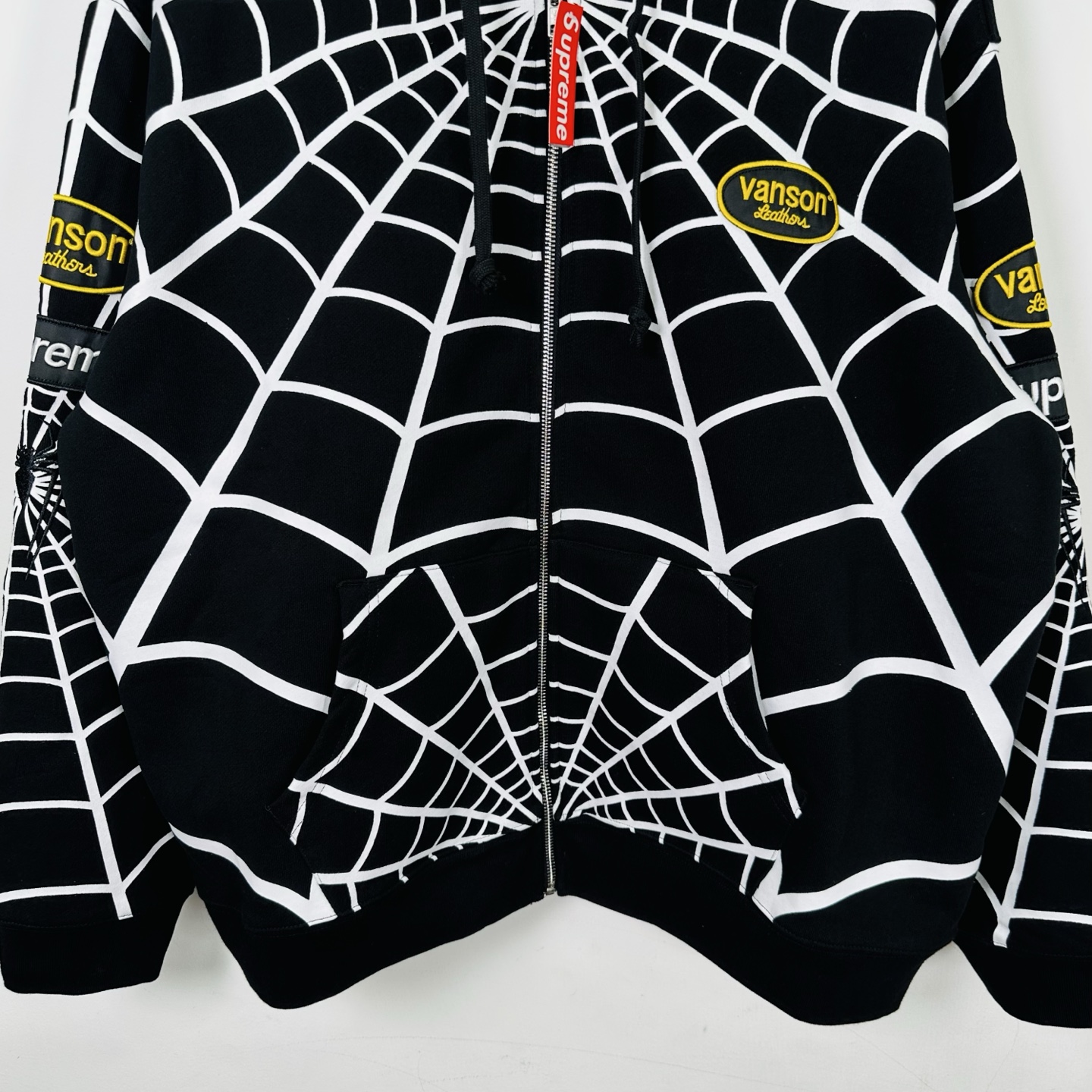 Supreme VANSON SPIDER MAN 联名款 薄绒蜘蛛侠网图案拉链连帽卫衣 连帽衫 外套 夹克 秋冬 长袖 黑色 红色