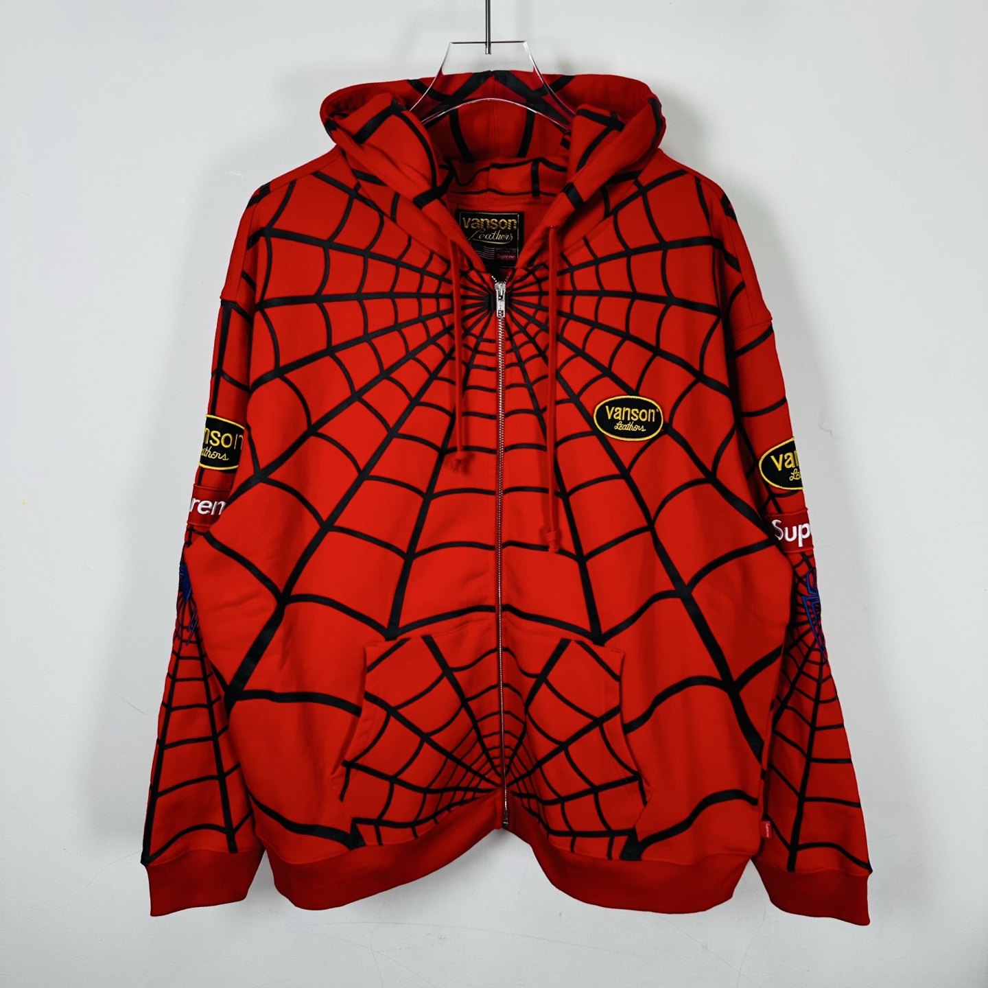 Supreme VANSON SPIDER MAN 联名款 薄绒蜘蛛侠网图案拉链连帽卫衣 连帽衫 外套 夹克 秋冬 长袖 黑色 红色