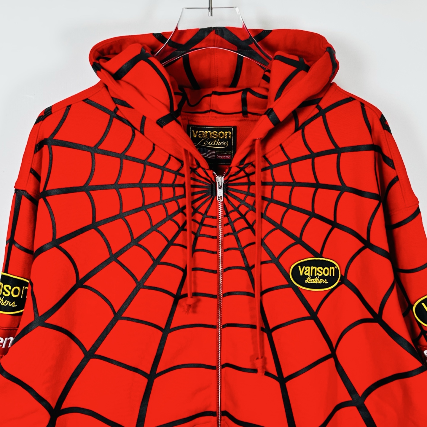 Supreme VANSON SPIDER MAN 联名款 薄绒蜘蛛侠网图案拉链连帽卫衣 连帽衫 外套 夹克 秋冬 长袖 黑色 红色