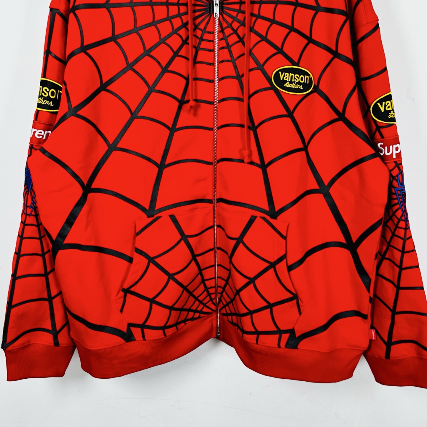 Supreme VANSON SPIDER MAN 联名款 薄绒蜘蛛侠网图案拉链连帽卫衣 连帽衫 外套 夹克 秋冬 长袖 黑色 红色