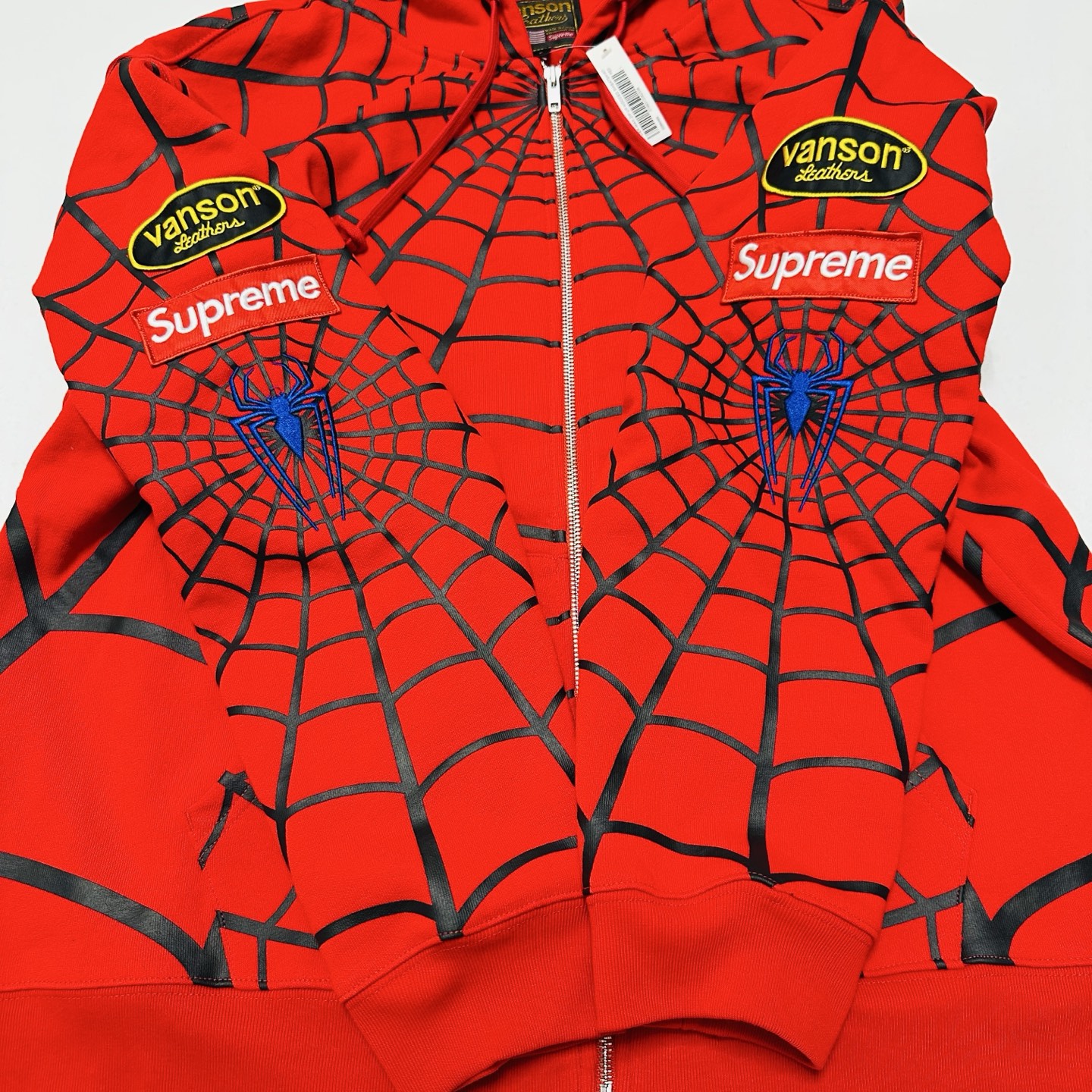 Supreme VANSON SPIDER MAN 联名款 薄绒蜘蛛侠网图案拉链连帽卫衣 连帽衫 外套 夹克 秋冬 长袖 黑色 红色