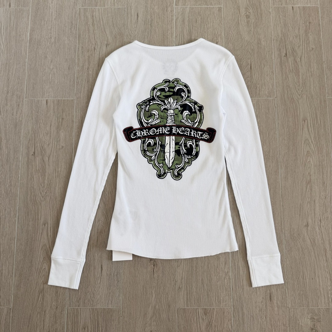 Chrome Hearts CH 克罗心 华夫格宝剑藤蔓印花圆领T恤 长袖 女款 白色