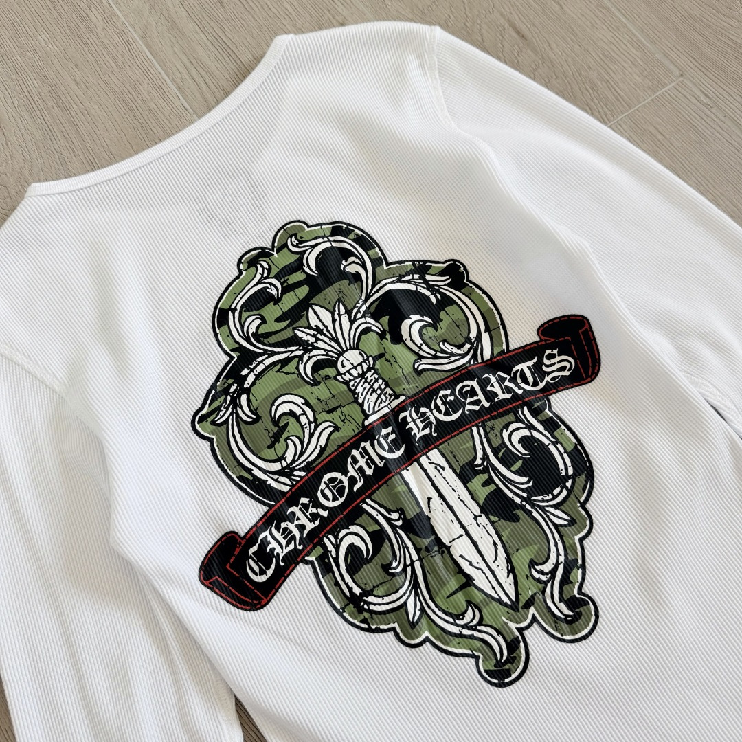 Chrome Hearts CH 克罗心 华夫格宝剑藤蔓印花圆领T恤 长袖 女款 白色
