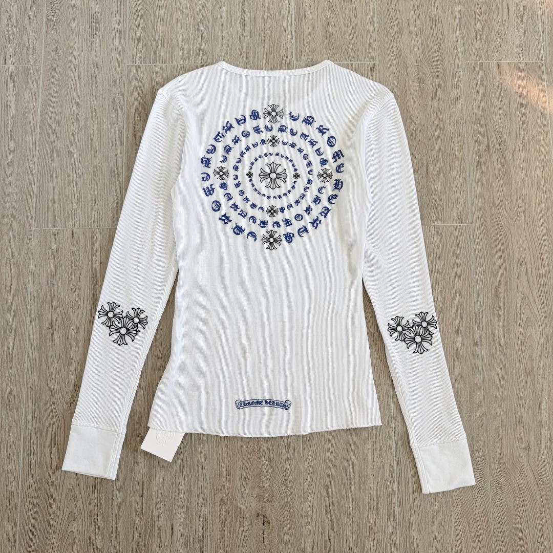 Chrome Hearts CH 克罗心 华夫格蓝色马蹄梵文印花圆领T恤 长袖 女款 白色