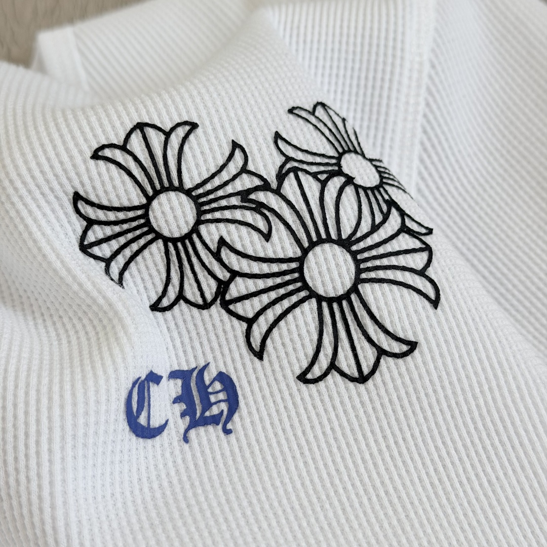 Chrome Hearts CH 克罗心 华夫格蓝色马蹄梵文印花圆领T恤 长袖 女款 白色