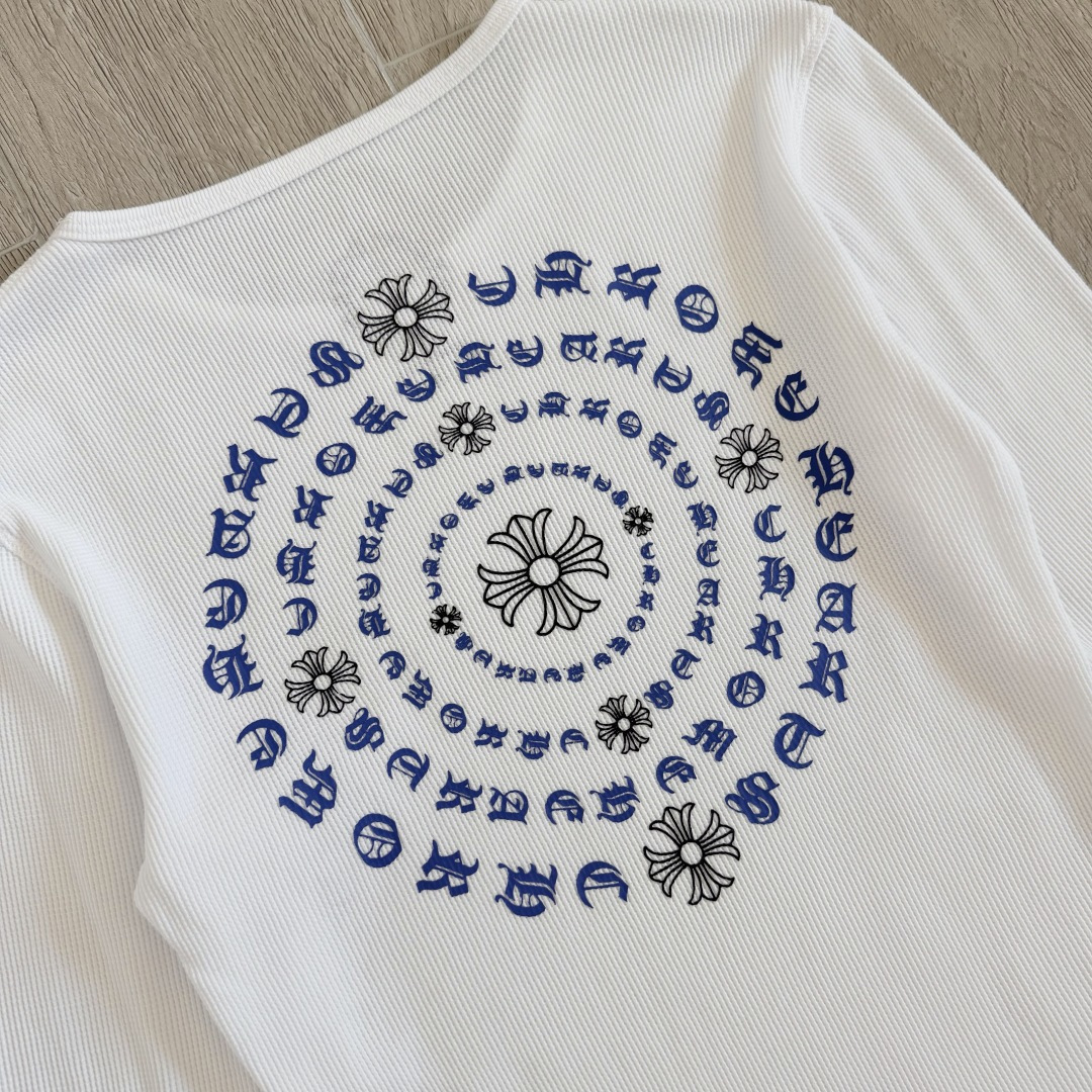 Chrome Hearts CH 克罗心 华夫格蓝色马蹄梵文印花圆领T恤 长袖 女款 白色