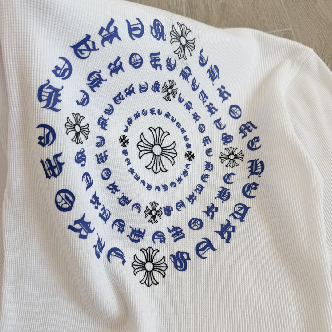 Chrome Hearts CH 克罗心 华夫格蓝色马蹄梵文印花圆领T恤 长袖 女款 白色