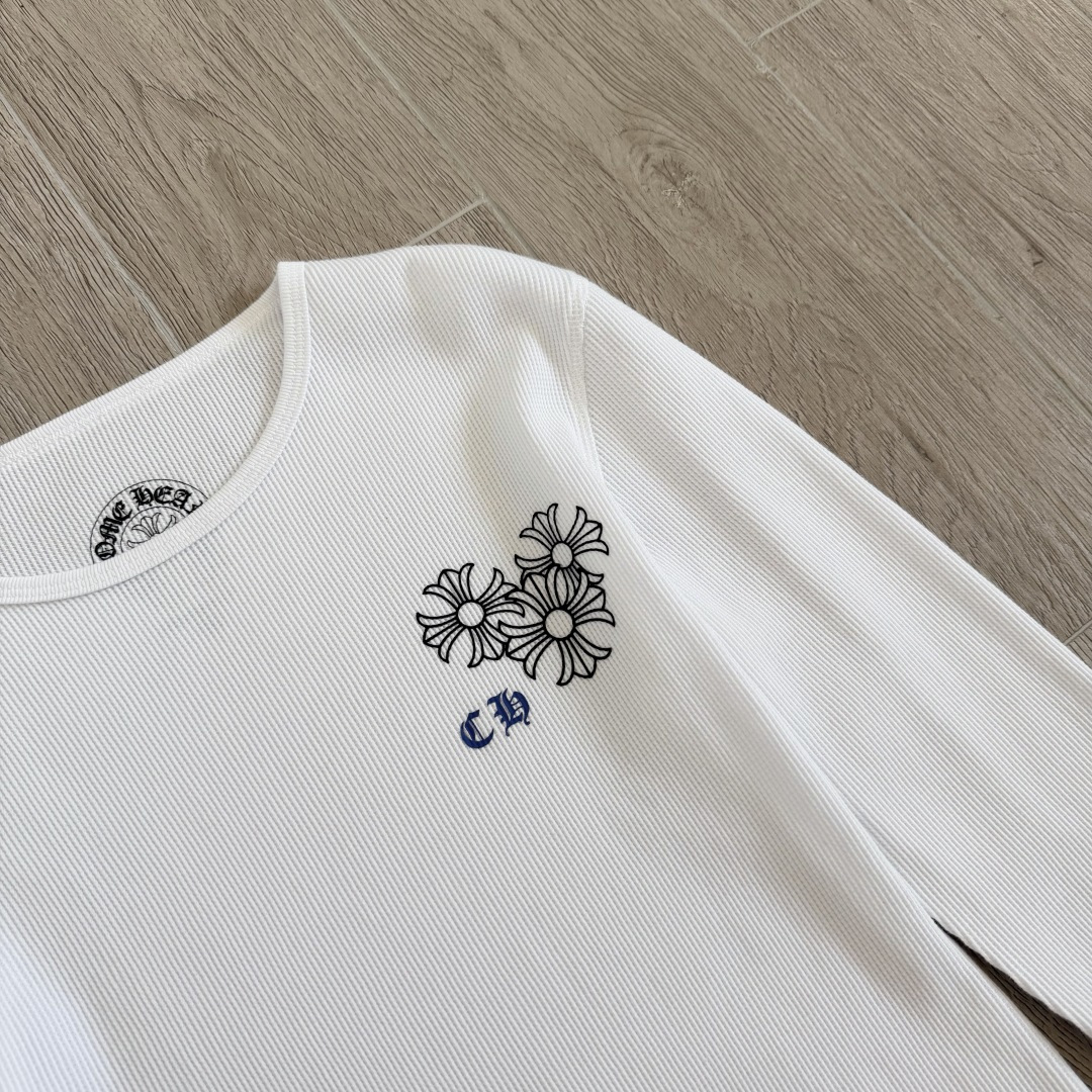 Chrome Hearts CH 克罗心 华夫格蓝色马蹄梵文印花圆领T恤 长袖 女款 白色