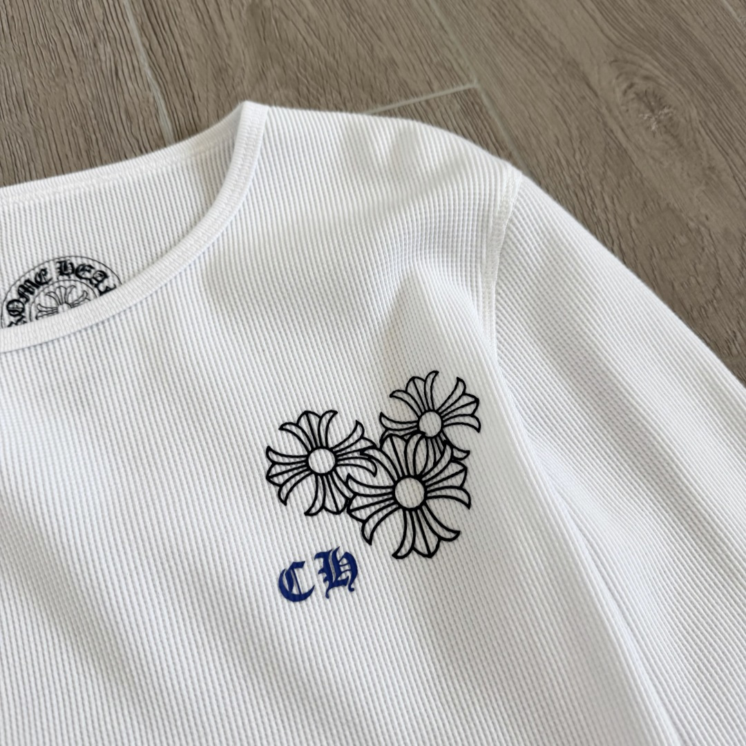 Chrome Hearts CH 克罗心 华夫格蓝色马蹄梵文印花圆领T恤 长袖 女款 白色