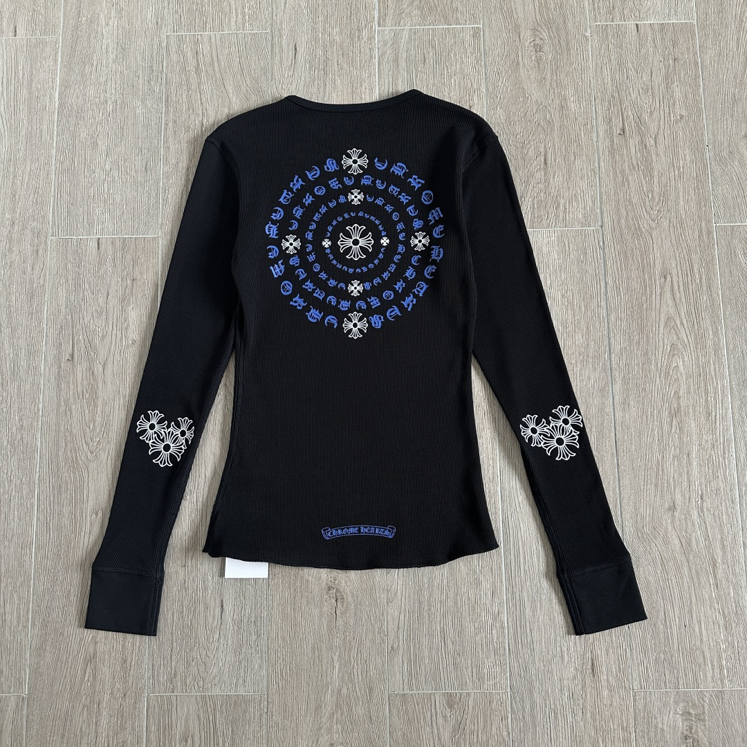 Chrome Hearts CH 克罗心 华夫格蓝色马蹄梵文印花圆领T恤 长袖 女款 黑色