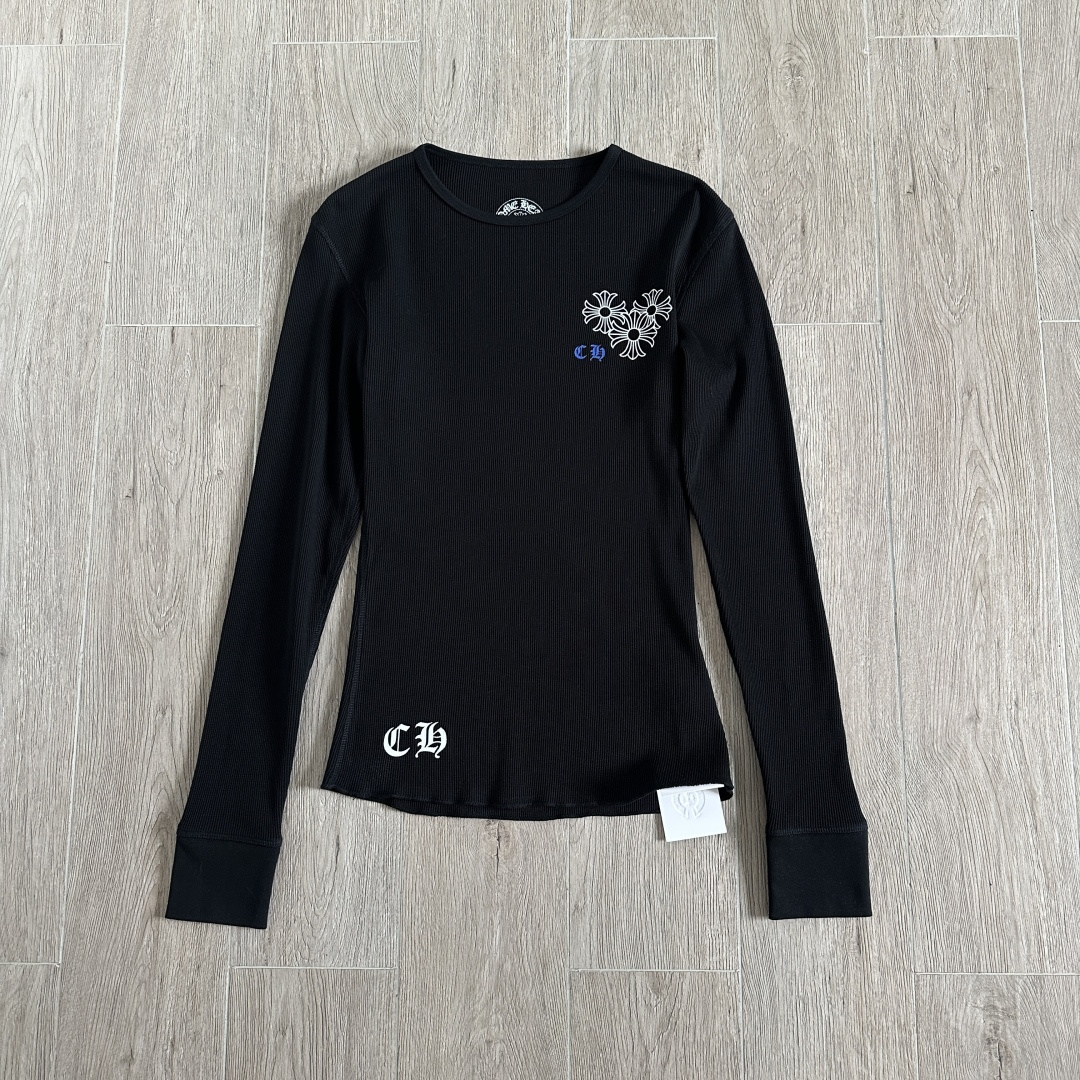 Chrome Hearts CH 克罗心 华夫格蓝色马蹄梵文印花圆领T恤 长袖 女款 黑色
