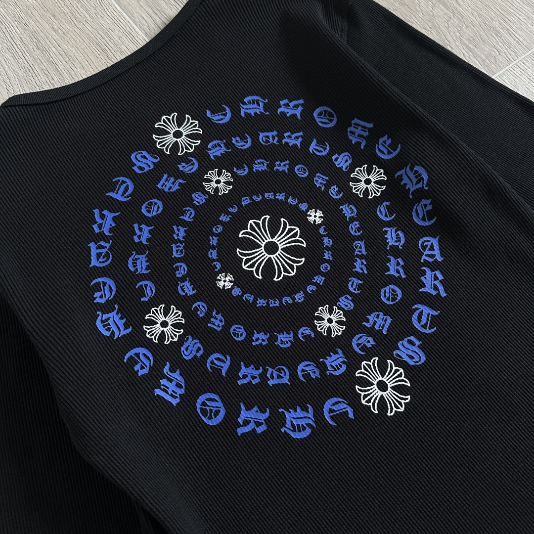 Chrome Hearts CH 克罗心 华夫格蓝色马蹄梵文印花圆领T恤 长袖 女款 黑色