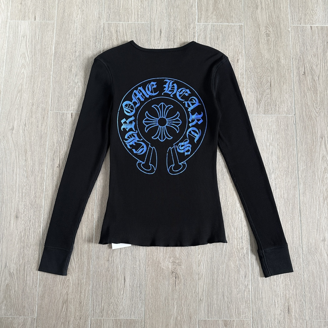 Chrome Hearts CH 克罗心 华夫格蓝色马蹄梵文印花圆领T恤 长袖 女款 黑色