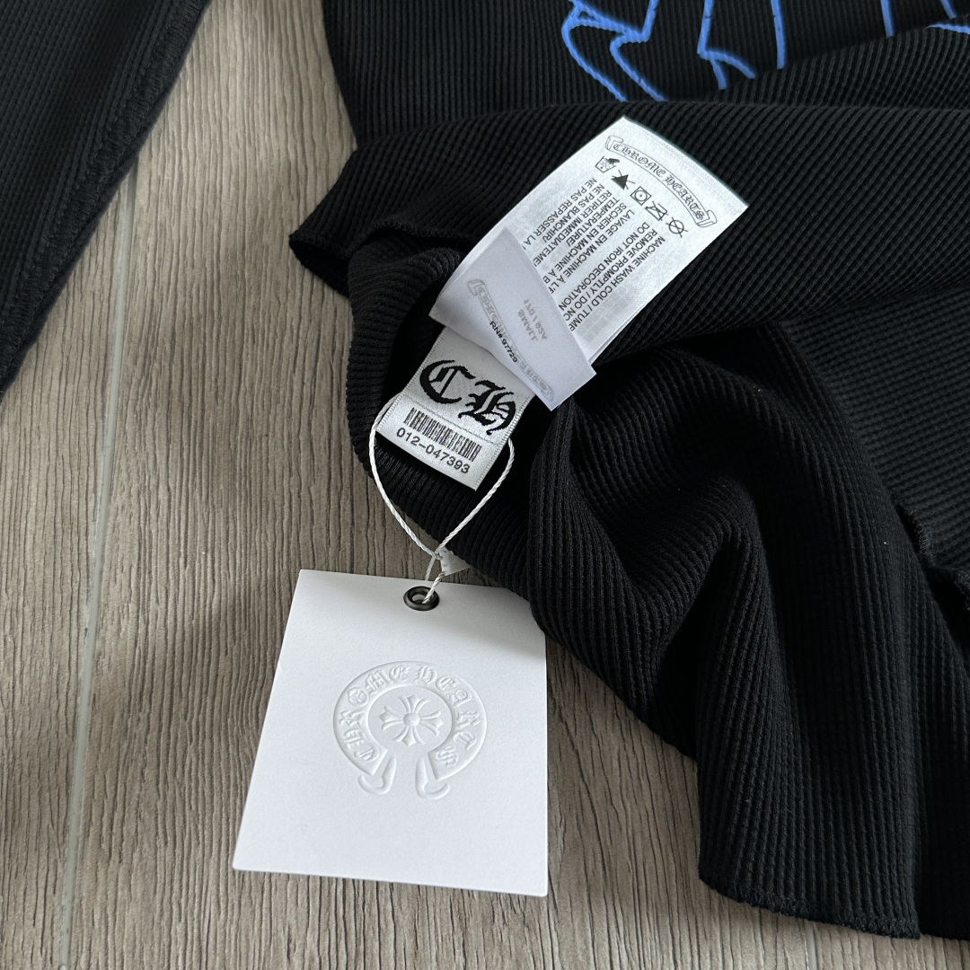 Chrome Hearts CH 克罗心 华夫格蓝色马蹄梵文印花圆领T恤 长袖 女款 黑色