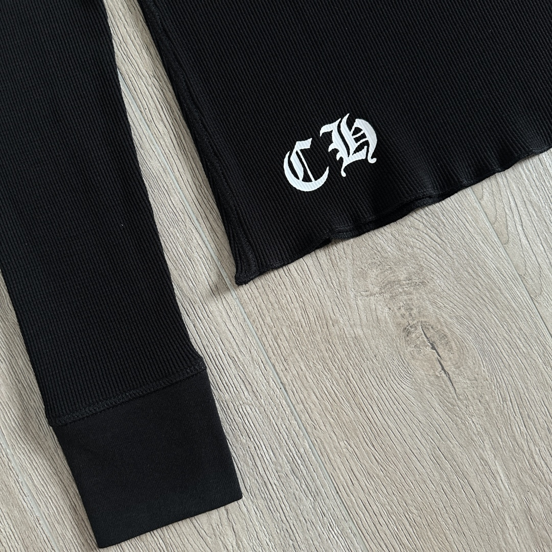 Chrome Hearts CH 克罗心 华夫格蓝色马蹄梵文印花圆领T恤 长袖 女款 黑色