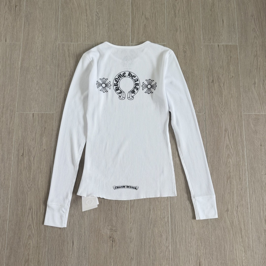 Chrome Hearts CH 克罗心 华夫格马蹄十字架印花圆领T恤 长袖 女款 白色