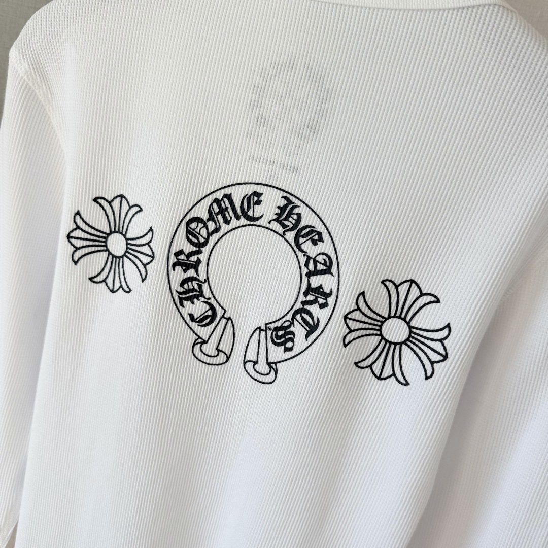 Chrome Hearts CH 克罗心 华夫格马蹄十字架印花圆领T恤 长袖 女款 白色