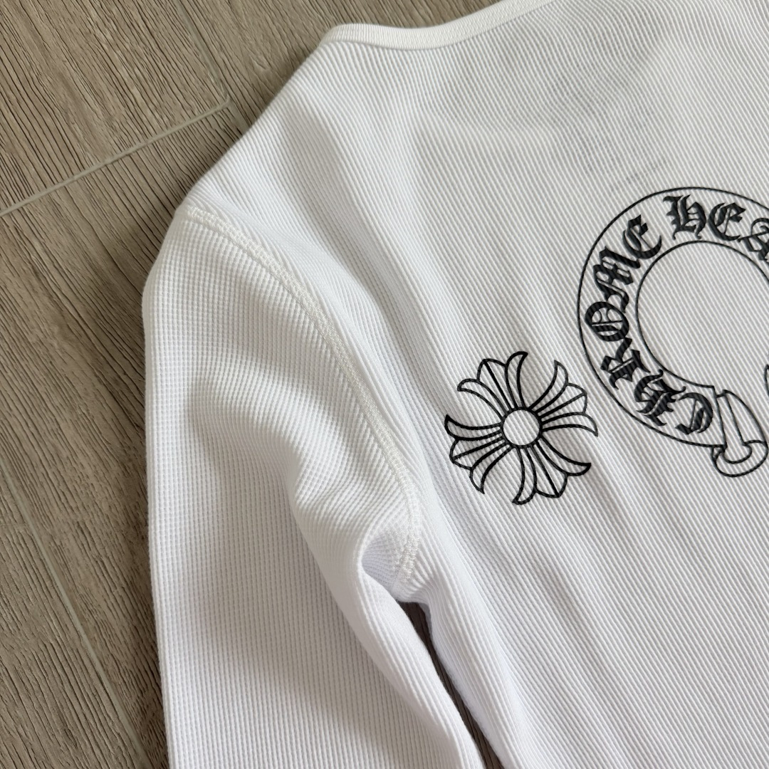 Chrome Hearts CH 克罗心 华夫格马蹄十字架印花圆领T恤 长袖 女款 白色