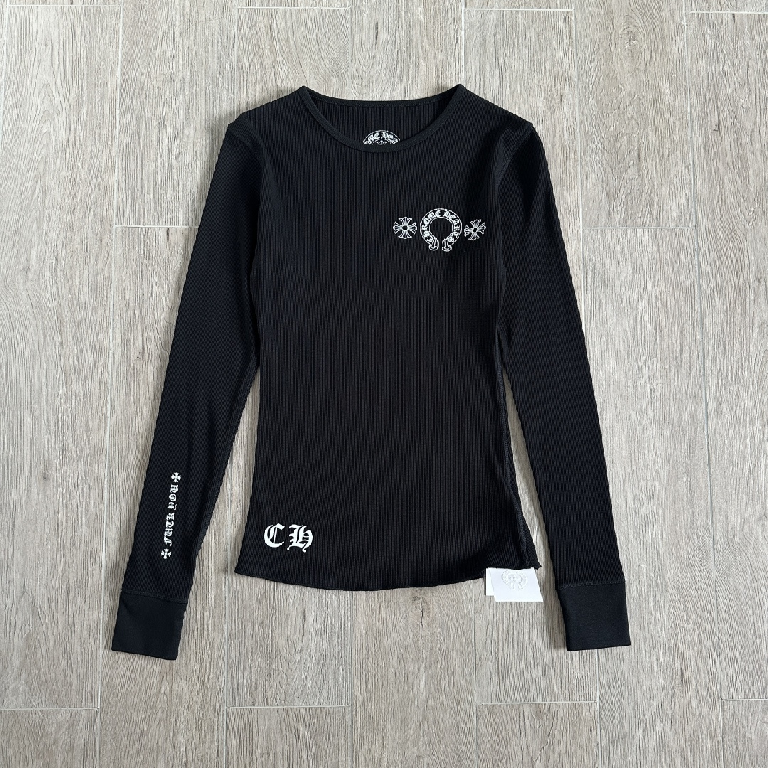 Chrome Hearts CH 克罗心 华夫格马蹄十字架印花圆领T恤 长袖 女款 黑色