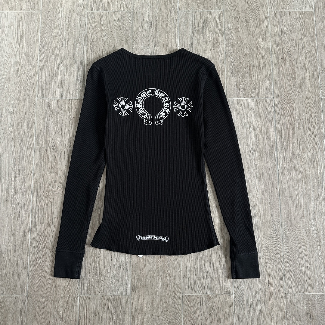 Chrome Hearts CH 克罗心 华夫格马蹄十字架印花圆领T恤 长袖 女款 黑色