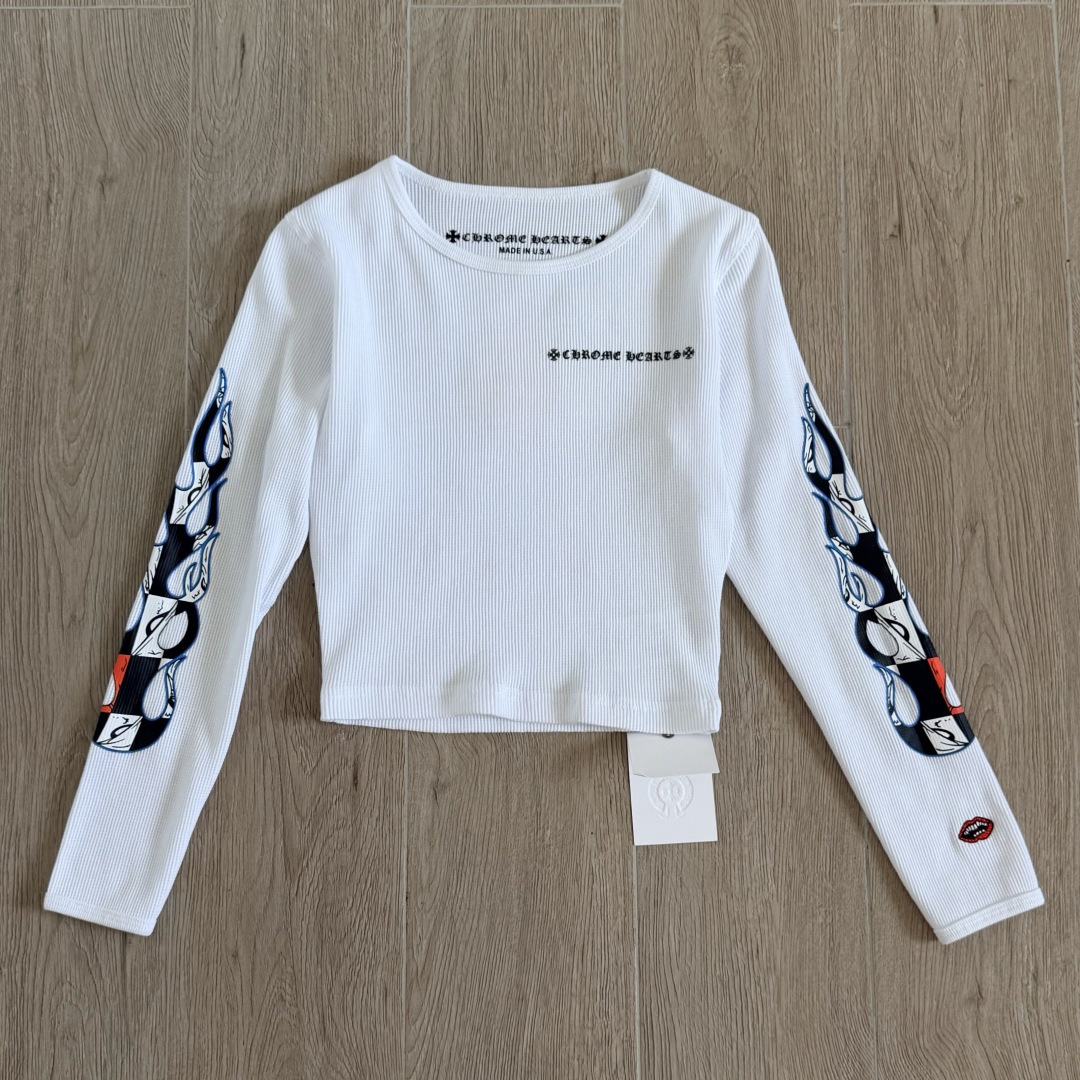 Chrome Hearts CH 克罗心 华夫格涂鸦圆领短款T恤 长袖 女款 黑色